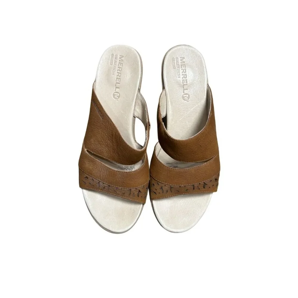 Merrell Veranda Eve Slide Sandals Womens 9 Brown Leather Laser Cut Comfort heel